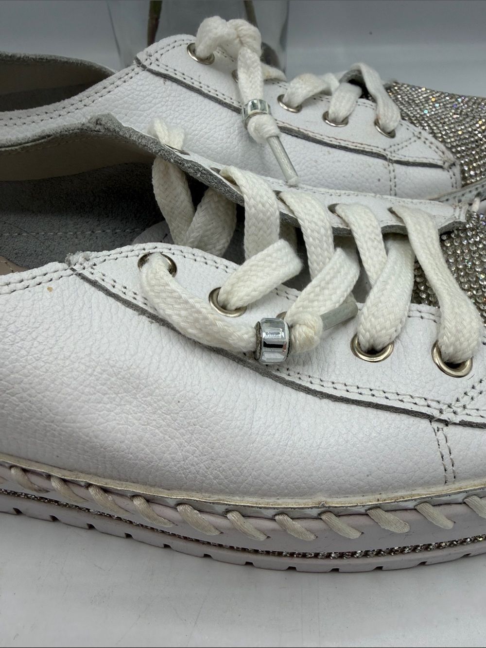 Women's White Crystal-Toe Leather Sneakers - Picture 6 of 12